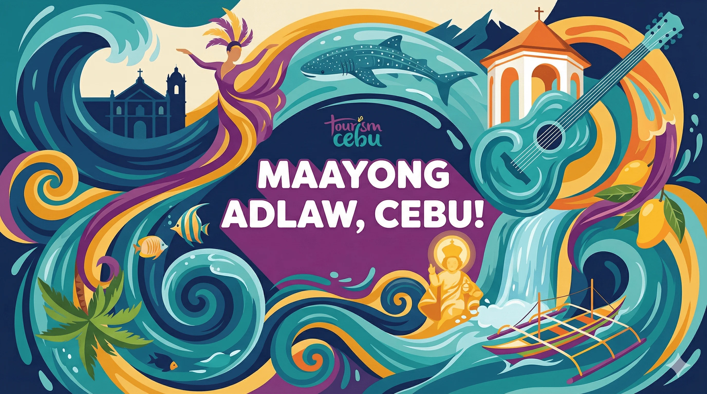 Maayong Adlaw, Cebu! - Welcome to TourismCebu.com featuring iconic Cebu landmarks: Magellan's Cross, Santo Niño, whale sharks, Sinulog dancers, guitars, waterfalls, and tropical beaches in vibrant teal and purple travel poster art style
