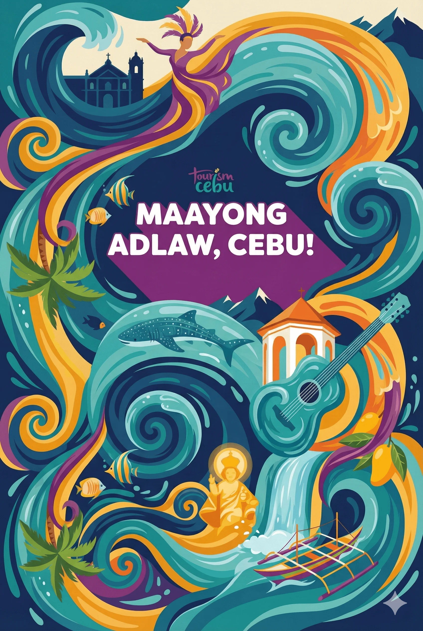 Maayong Adlaw, Cebu! - Welcome to TourismCebu.com featuring iconic Cebu landmarks: Magellan's Cross, Santo Niño, whale sharks, Sinulog dancers, guitars, waterfalls, and tropical beaches in vibrant teal and purple travel poster art style